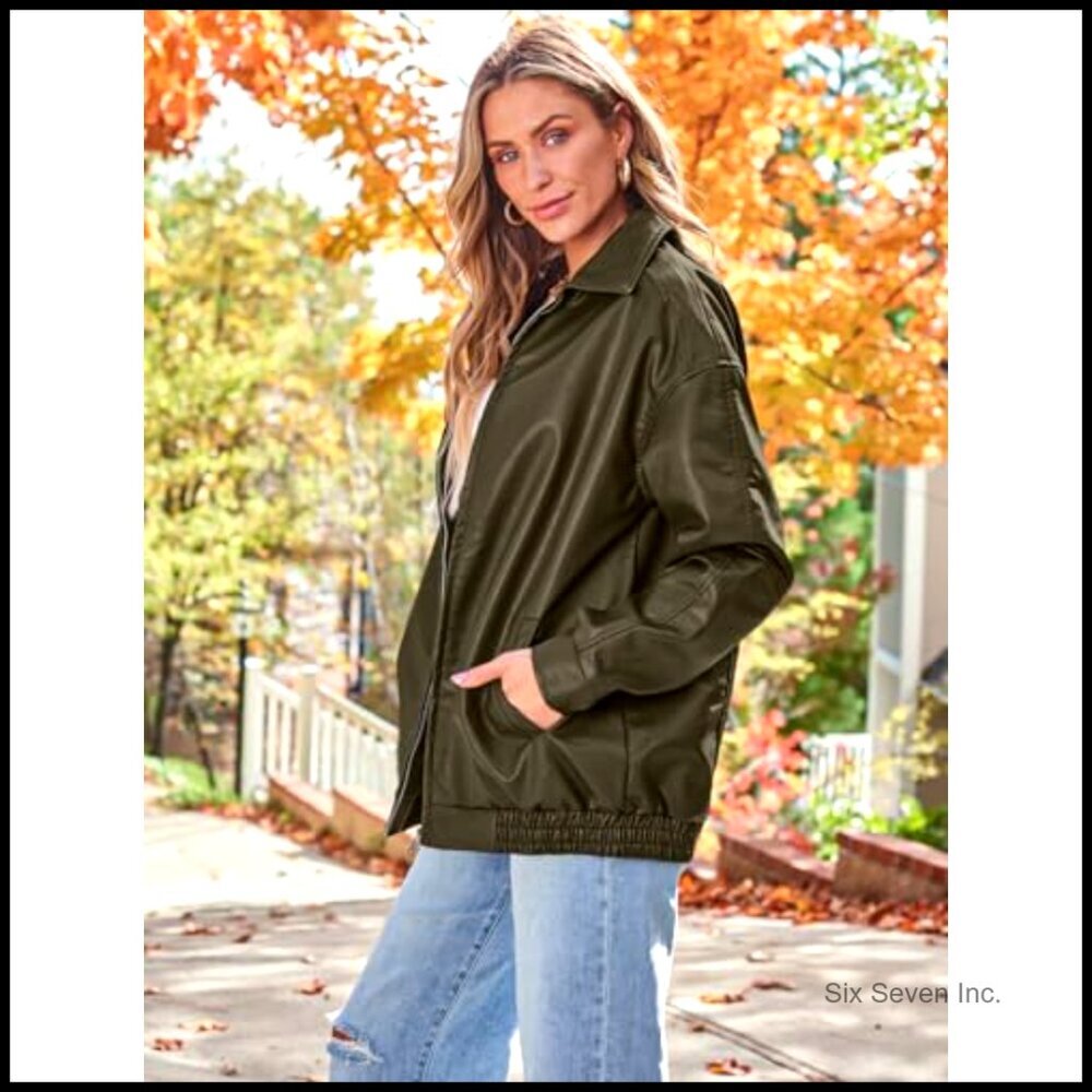 Oversized Faux Leather Motorcycle Jacket Zipper Closure Relaxed Fit - Picture 3 of 6